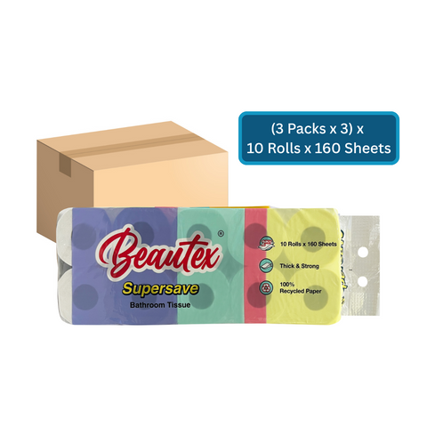 Beautex Supersave Bathroom Tissue (3 Packs x 3) x 10 Rolls x 160 Sheets Carton Sales