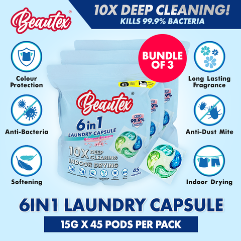 Beautex 6 In 1 Deep Cleaning Glamour Blossom Laundry Capsule 45s x 3 Refill Pack (Bundle Sales)