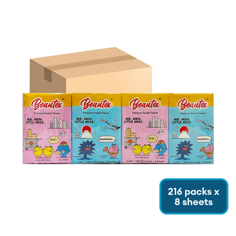 Beautex Mr. Men Little Miss 3Ply Pocket Tissue 18 x 12 Packs x 8 Sheets (Total 216 Packs) Pure Pulp (in carton only)