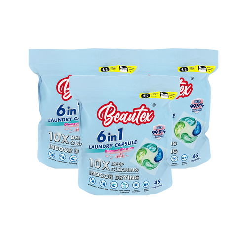 Beautex 6 In 1 Deep Cleaning Glamour Blossom Laundry Capsules Refill Pack (3 packs x 45 pcs) Bundle Sales