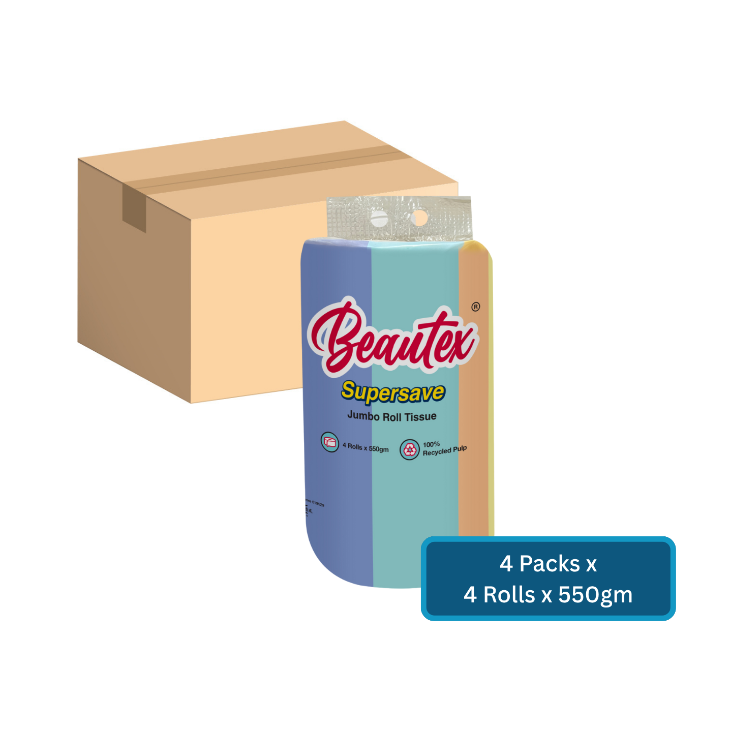 Beautex Supersave Jumbo Roll Tissue 4 Packs x 4 Rolls x 550gm Carton S ...